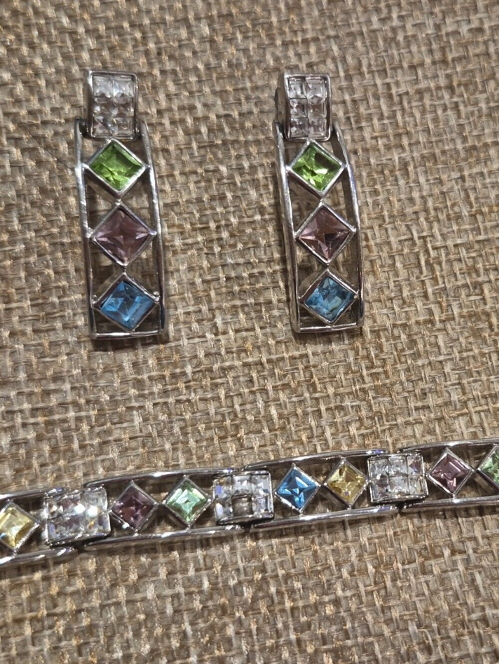 Multicolor Crystal Tennis Bracelet and Earrings Set - Silver Tone